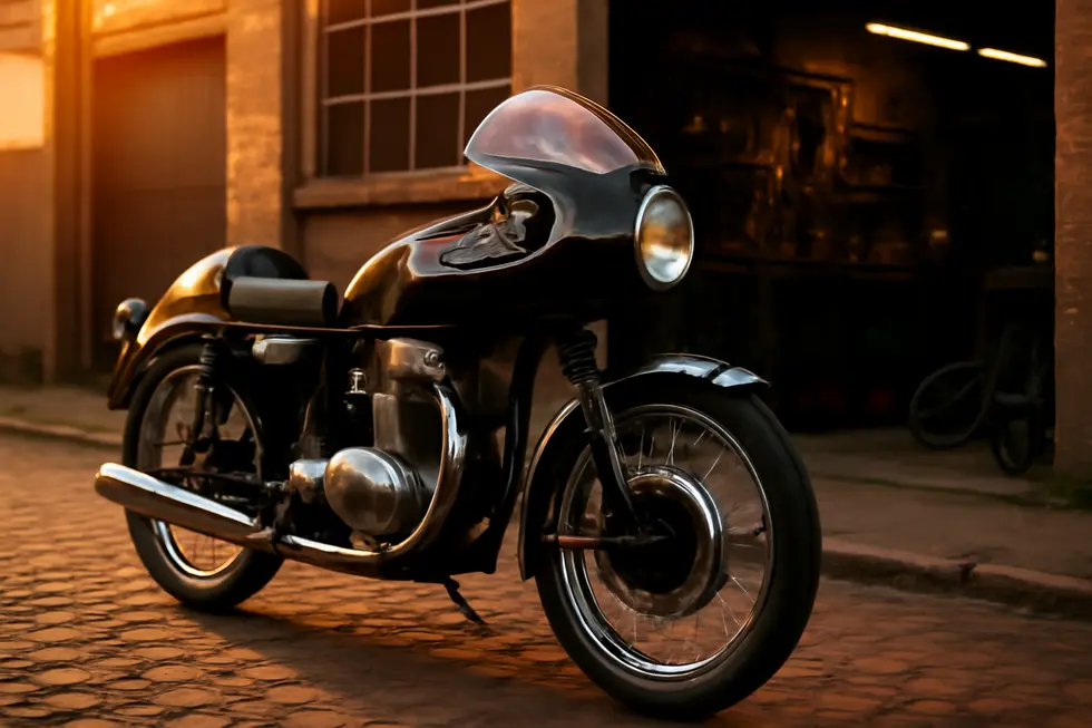 Photo-realistic image of a vintage motorcycle with a classic bullet fairing parked on cobblestone street outside a garage, highlighting style and protection.