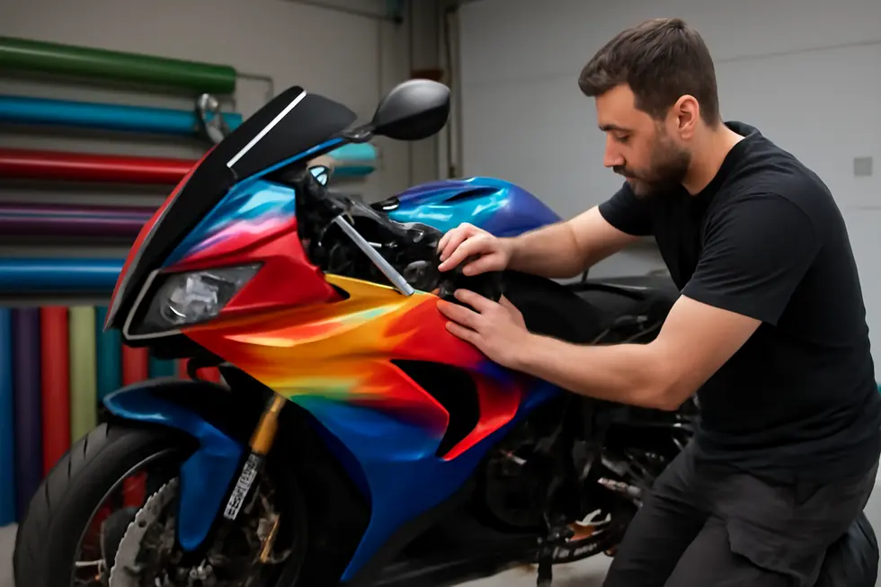 Sportbike with a colorful vinyl wrap being professionally applied in a lighted workshop.