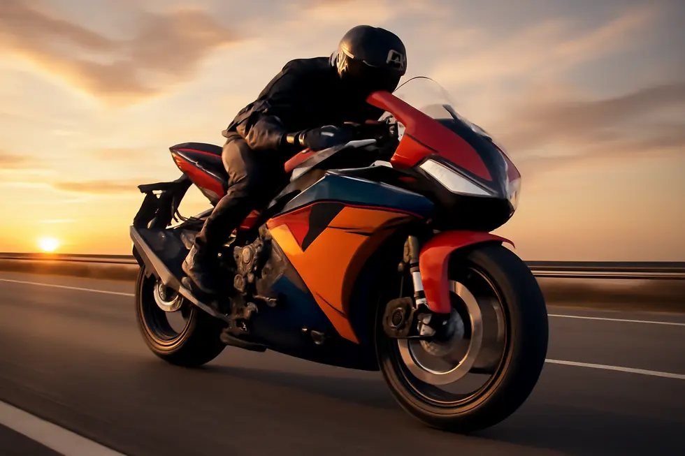 Sport motorcycle with custom fairings speeding on the highway during sunset, highlighting design and performance.