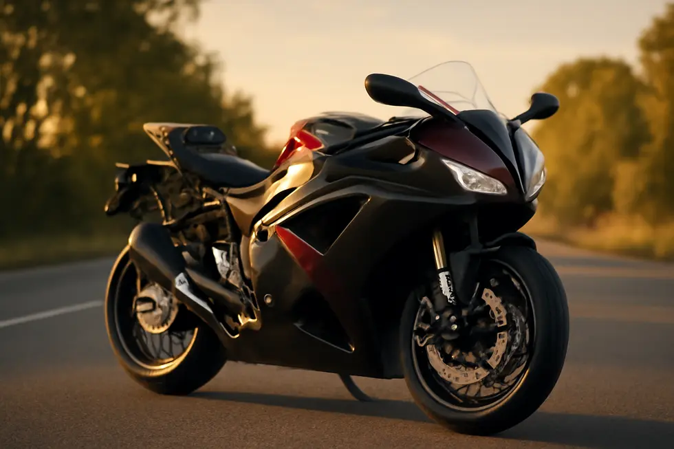 Sport motorcycle with a decorative and aerodynamic fairing kit riding on a sunlit scenic road.