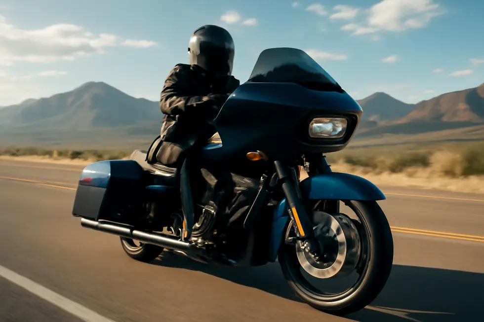 Harley-Davidson Road Glide motorcycle cruising on a highway with fixed fairing visible, set against a mountain and blue sky background.