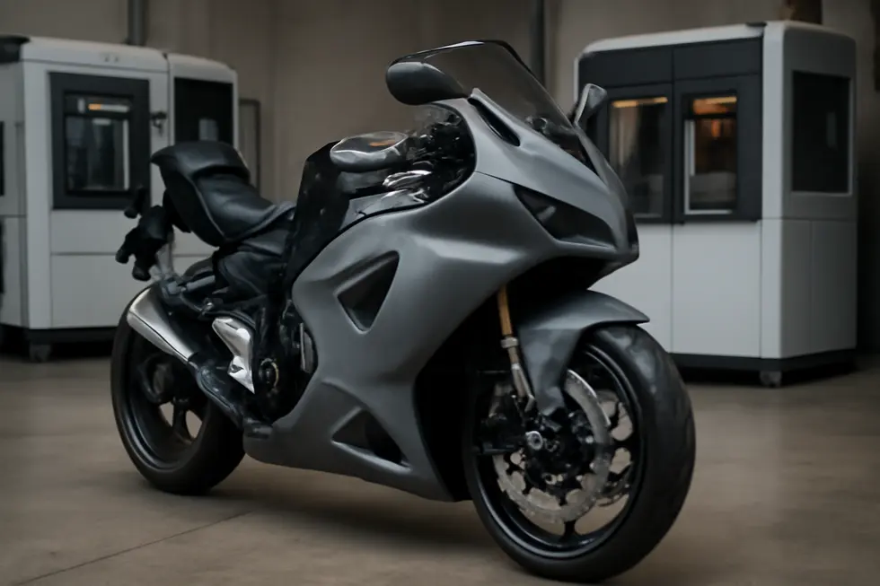 Motorcycle with a sophisticated 3D-printed fairing in a workshop setting featuring 3D printing equipment