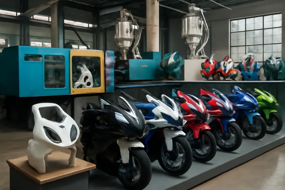 Motorcycle fairings production and showroom area displaying various ABS and polypropylene fairing kits in a modern Chinese factory.