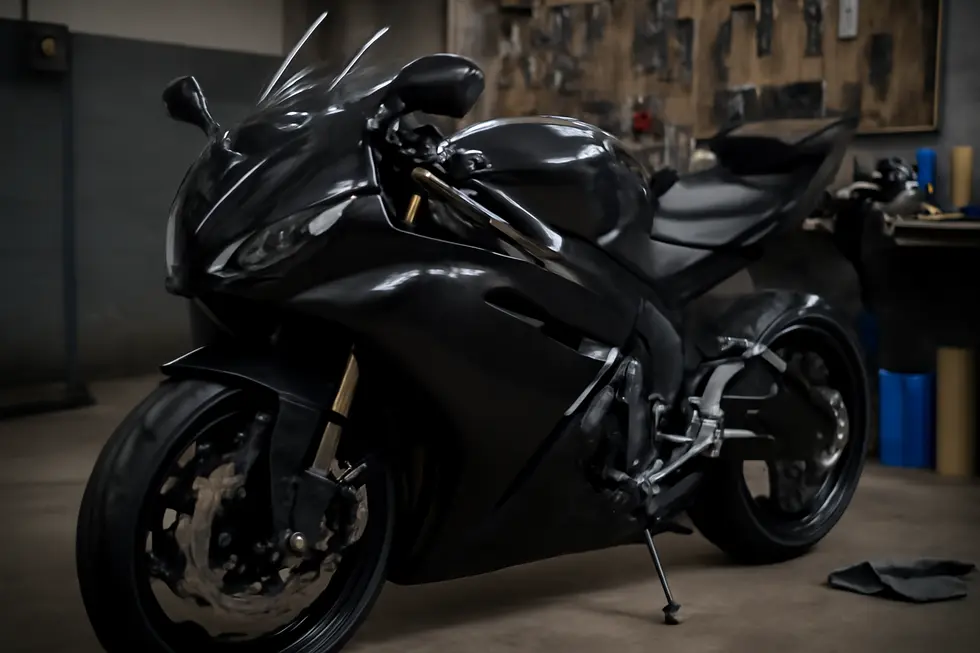 Sportbike with glossy carbon fiber vinyl wrap on fairings inside a workshop with materials and tools around.