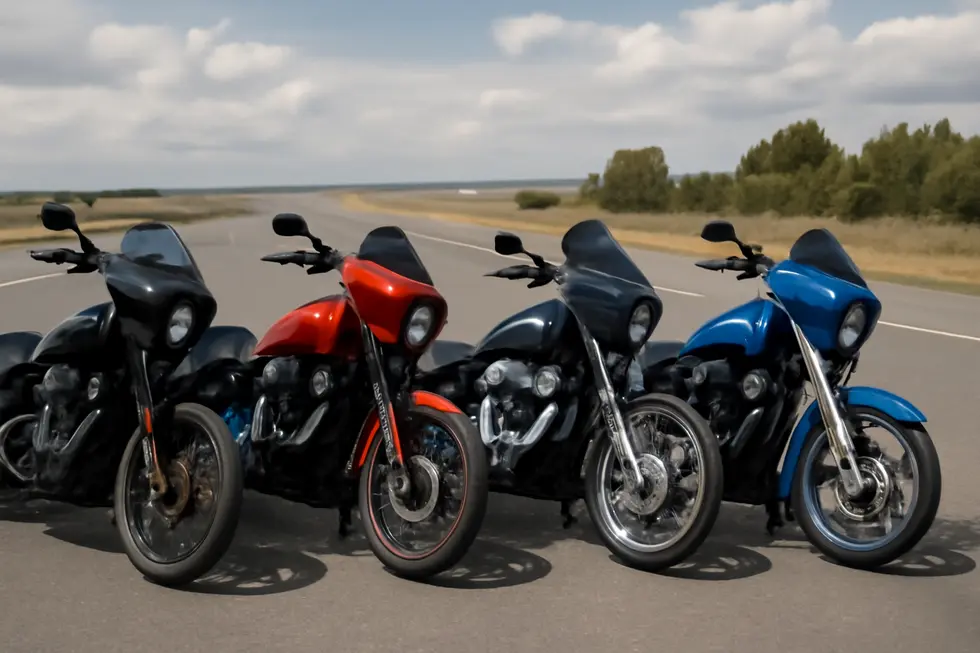 Different motorcycles with unique quarter fairings parked on an open road, showcasing diverse designs and their aesthetic impact.