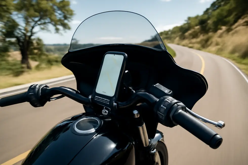 Motorcycle equipped with a fairing phone mount holding a smartphone, shown on a sunny winding road.