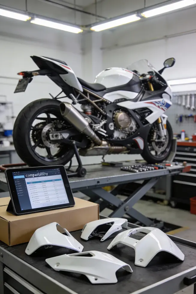 Motorcycle on a lift with unboxed fairings and a technician planning the installation.
