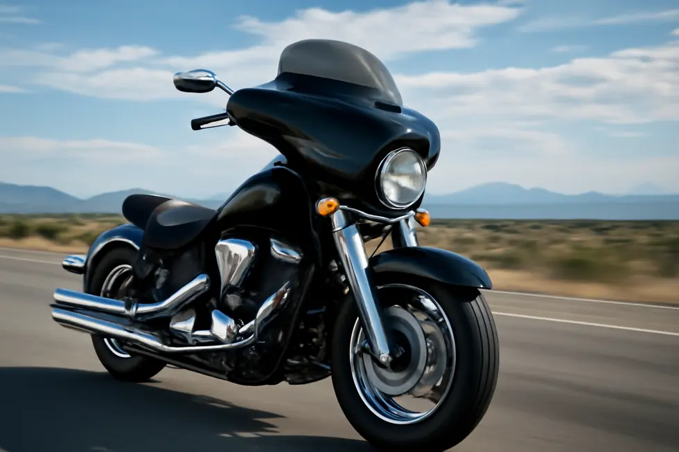 Yamaha Road Star motorcycle with black batwing fairing riding on highway with mountains in background.