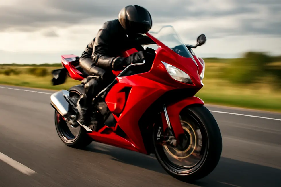 Sportbike riding on a road, equipped with glossy aerodynamic ABS plastic fairings, highlighting fit and style.