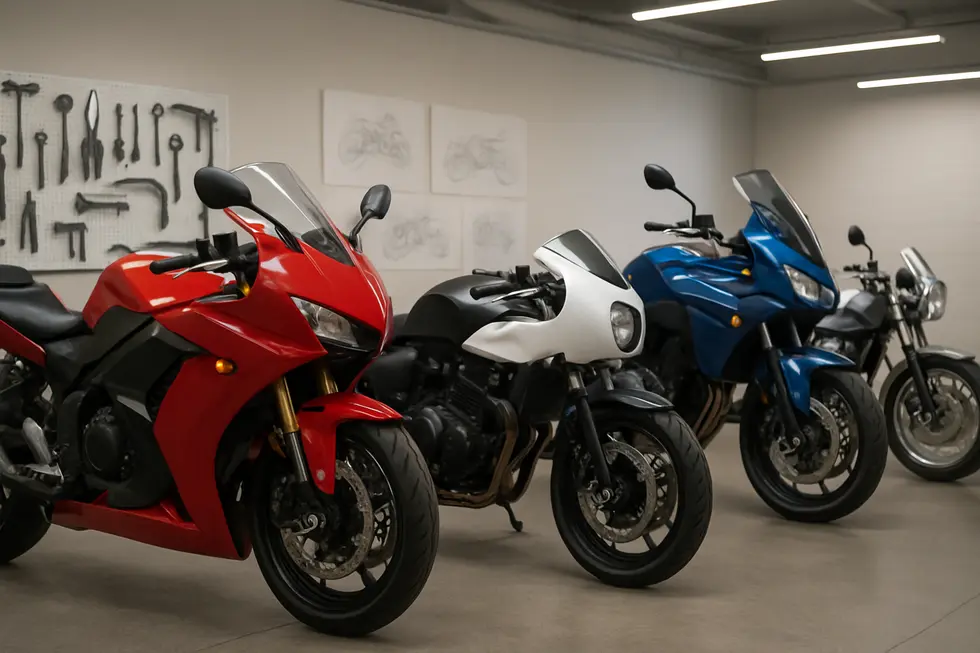 Multiple motorcycles with different universal fairings displayed in a contemporary showroom highlighting motorcycle customization and aftermarket options.