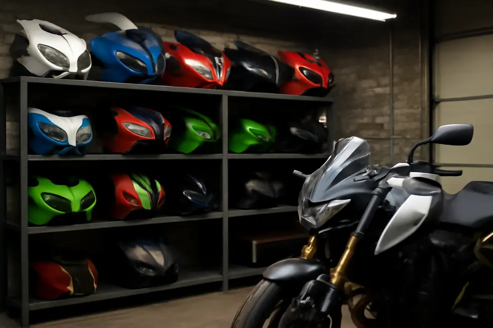 Mechanic's workshop showcasing used motorcycle fairings of multiple brands alongside a motorcycle undergoing repair.