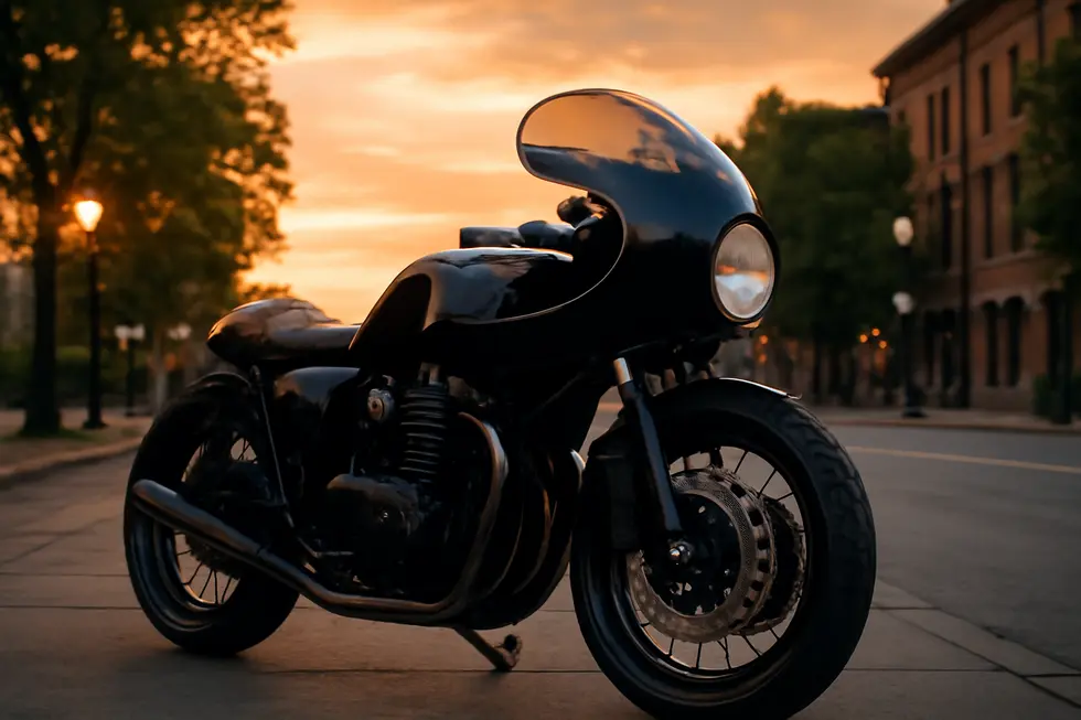 Cafe racer bike featuring a black, bullet-shaped vintage fairing with dark smoke windshield parked on city street at sunset.
