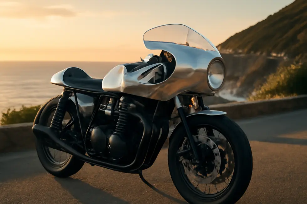Custom café racer motorcycle with shiny aluminum fairing and plexiglass windscreen on coastal road at sunset.