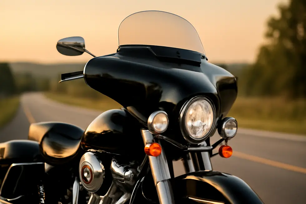 Cruiser motorcycle parked on a highway with a black glossy batwing fairing and tinted windshield at sunset.