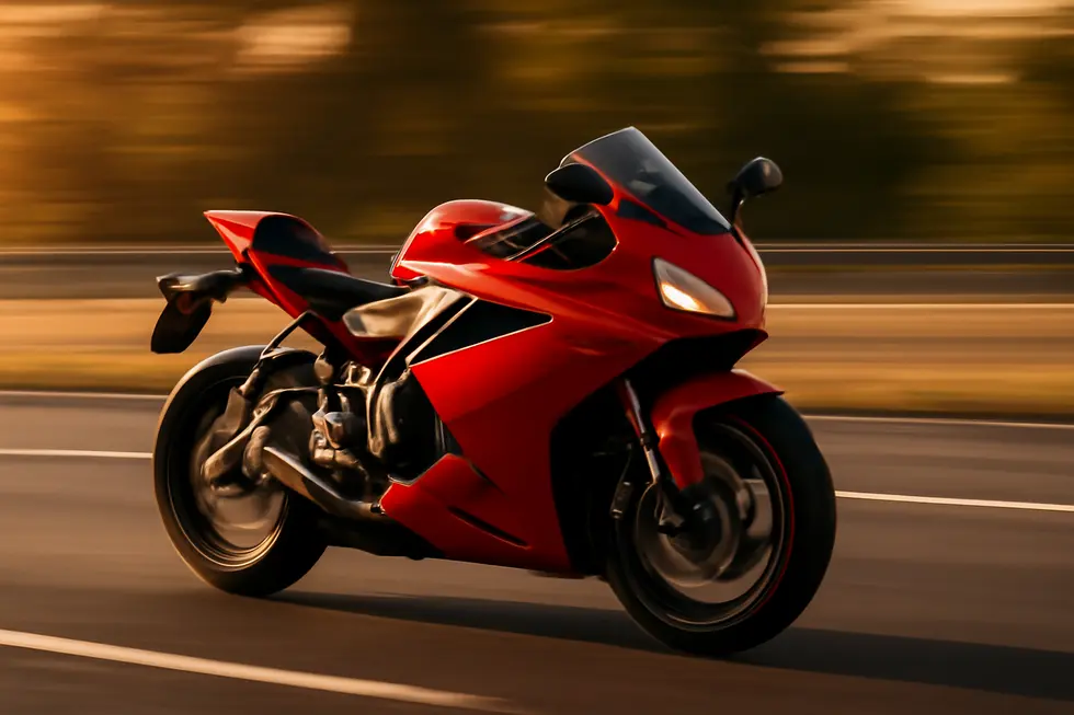 A sportbike with full fairings speeding on a highway during sunset, showing its aerodynamic form and design details.