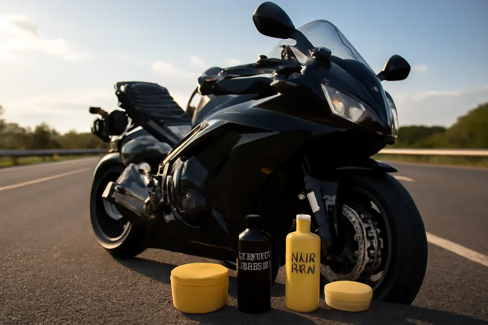 A shiny motorcycle with reflective fairings alongside various wax products under natural sunlight, emphasizing protection and aesthetic appeal.