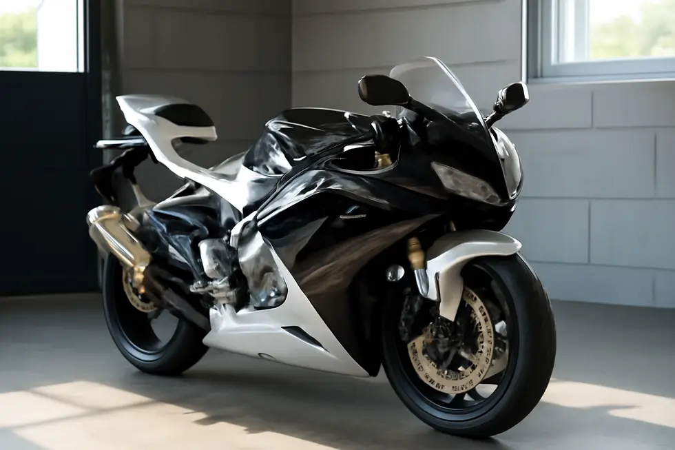 Sport motorcycle with half the fairings wrapped in glossy black vinyl, parked in a clean garage setting.