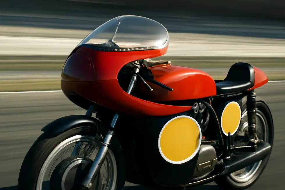 Photo of a vintage race motorcycle with rounded classic race fairings and windscreen against a racetrack background.