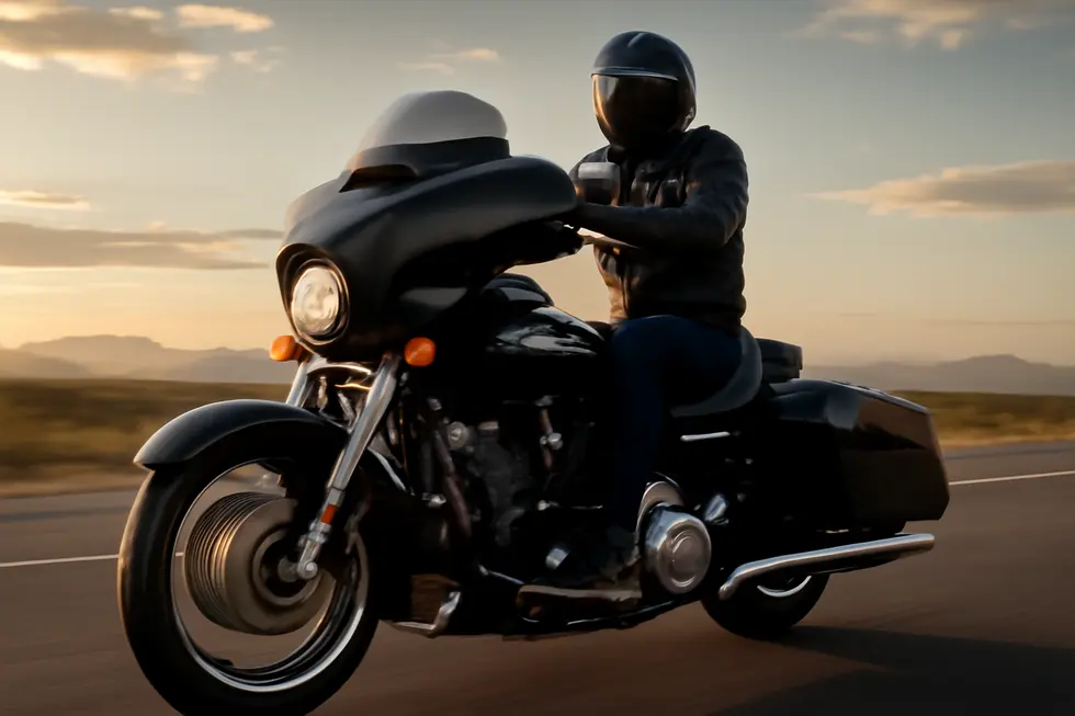Photo-realistic image of a Harley-Davidson motorcycle fitted with a detachable fairing riding on a scenic open highway during sunset.