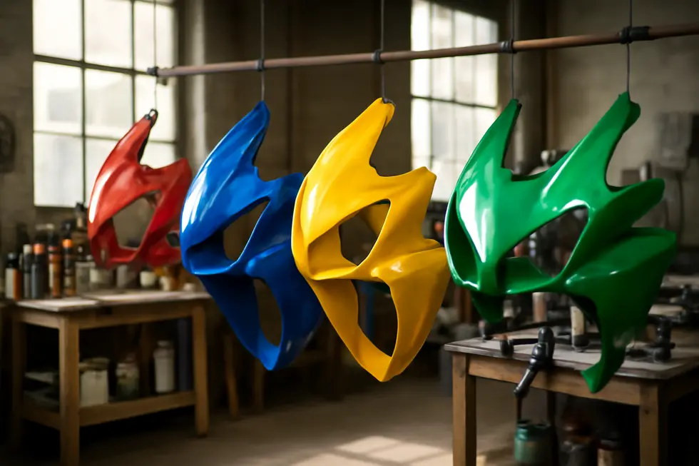 Motorcycle fairings drying after painting in a well-lit workshop with painting tools visible.