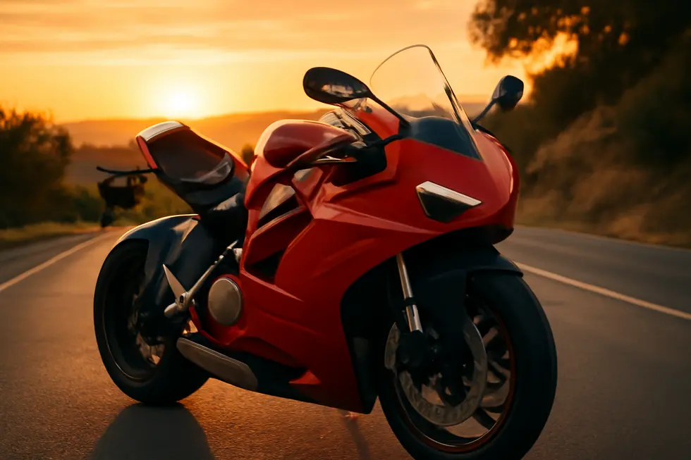 Ducati Panigale V4 motorcycle with aerodynamic red fairings parked on a road at sunset.