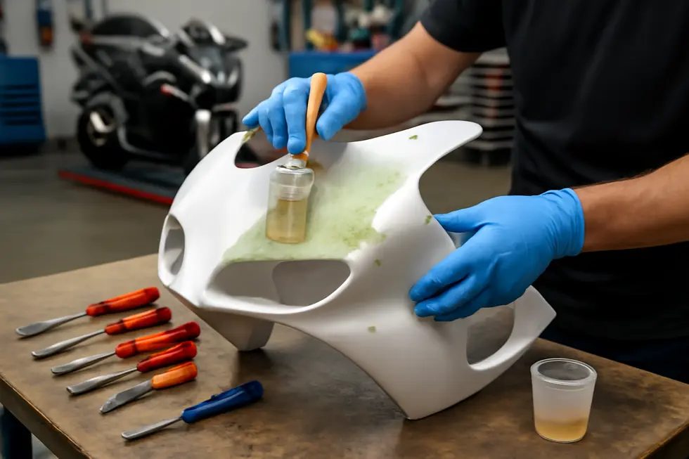 Motorcycle fairing being repaired with fiberglass resin in a well-equipped workshop under bright lighting.