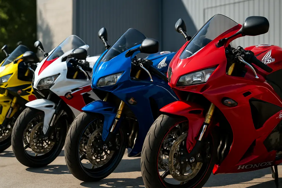 Row of Honda motorcycles with brightly colored and custom-painted ABS plastic fairings under daylight, illustrating variety and quality of aftermarket parts.