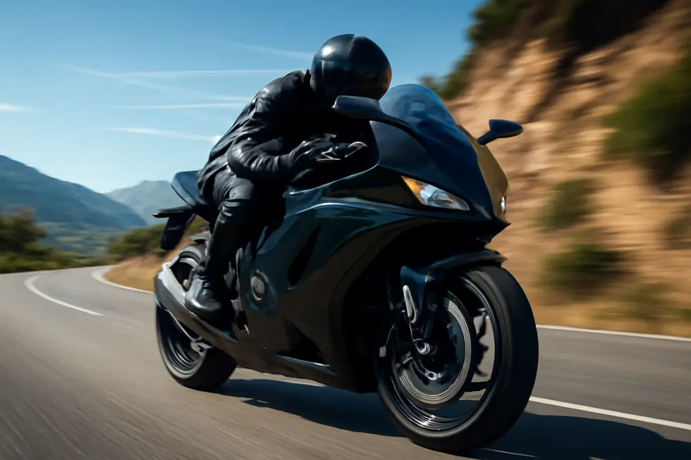 A sportbike with integrated aerodynamic fairing mirrors riding on a mountain road under clear skies.