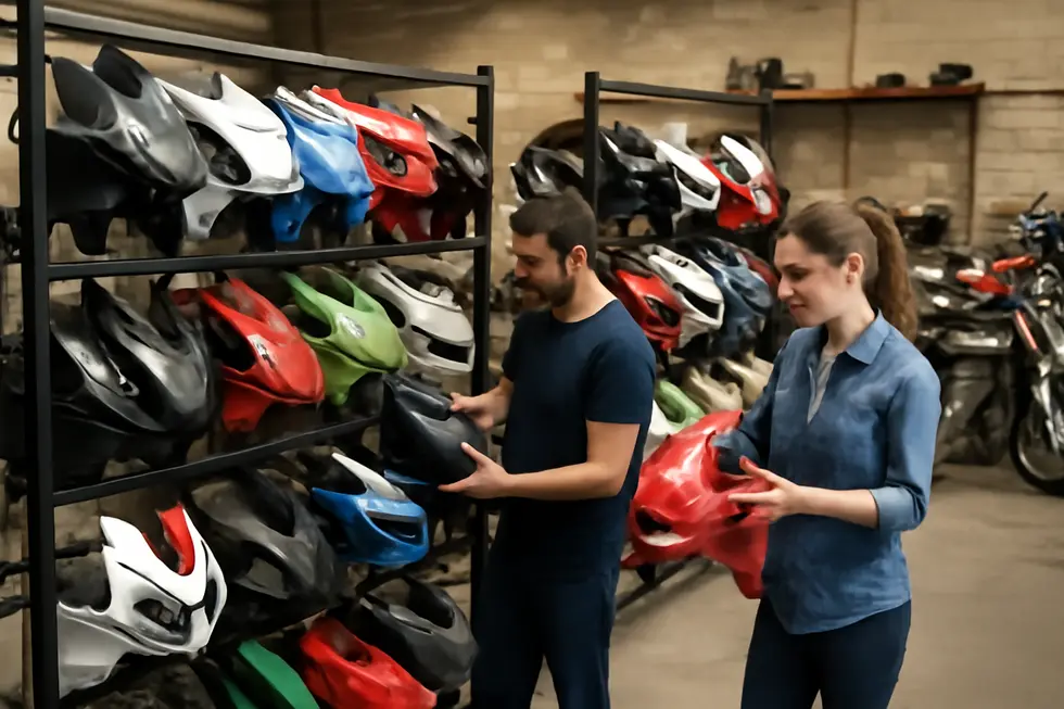 Motorcycle workshop displaying used fairings on racks with technicians inspecting parts and vintage motorcycles in the background.