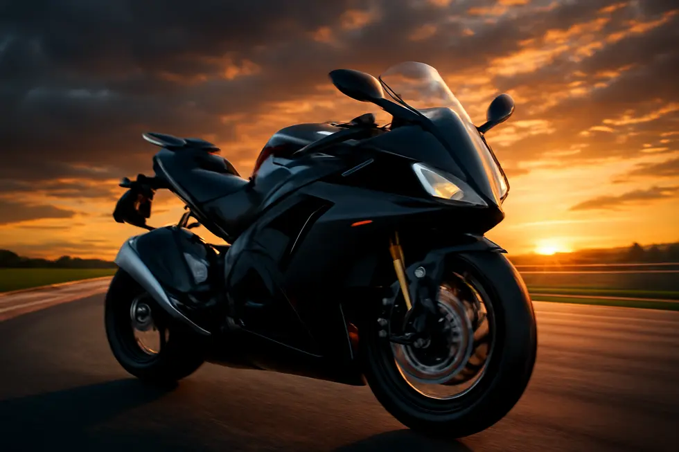 Photo-realistic sportbike with full sport fairings racing on track at sunset, highlighting aerodynamic design and sleek customization.