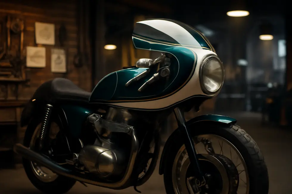 Photo of a vintage cafe racer motorcycle with a high-quality retro fairing in a workshop setting.