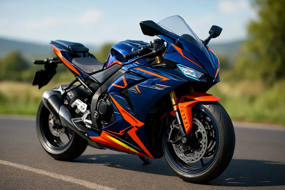 Photo-realistic image of a motorcycle with colorful custom fairings and integrated LED lights on a scenic road.