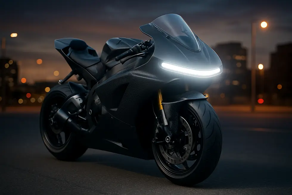 Sport motorcycle with custom carbon fiber race fairing and integrated LED light bar glowing at dusk in a city environment.