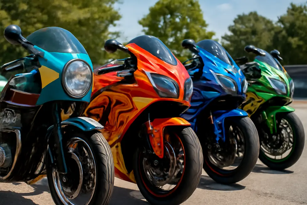 Outdoor view of motorcycles with brightly custom painted fairings, showing detailed glossy finishes under sunlight.