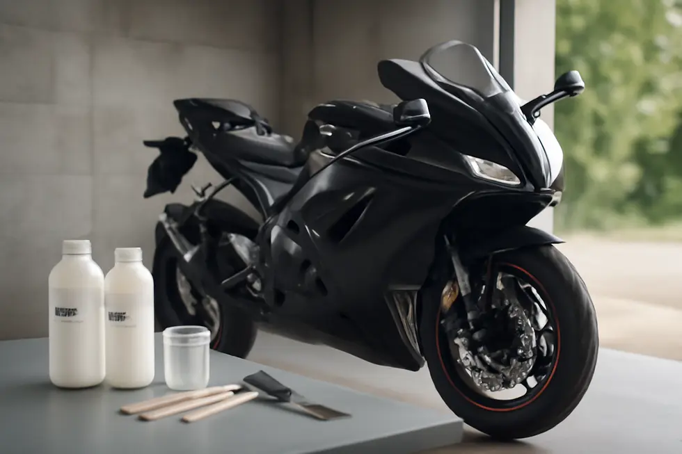 Photo-realistic image of a motorcycle with durable epoxy-bonded fairings and epoxy repair tools displayed in a workshop.