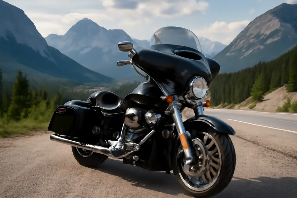 A motorcycle with a wind fairing displayed on a beautiful mountain highway, symbolizing enhanced rider experience.