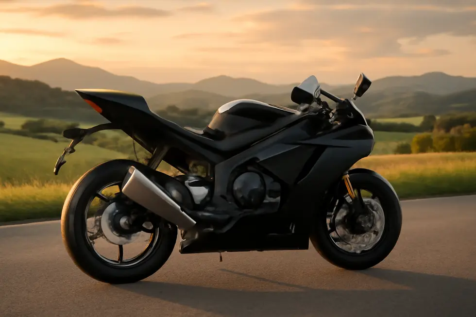 A motorcycle highlighting its tail fairing against a scenic view, showcasing its design and aesthetic features.