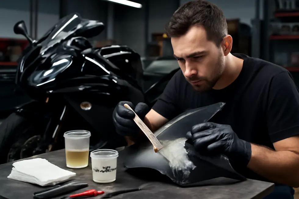 A technician repairing a fiberglass motorcycle fairing with tools and materials in a workshop setting.