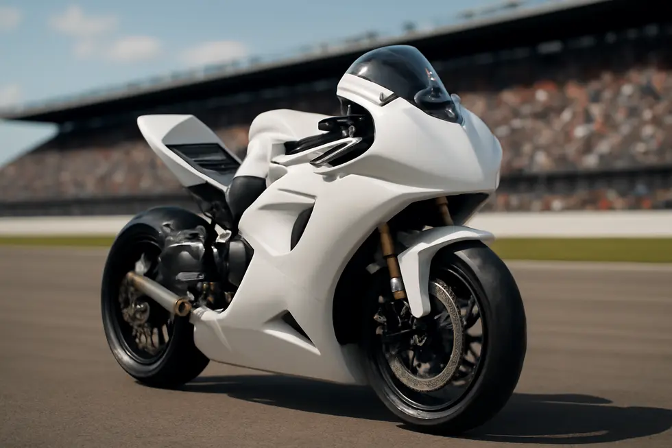Photo-realistic motorcycle with custom fibreglass fairings on a race track under bright daylight.
