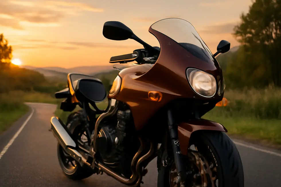 Photorealistic image of a motorcycle with a half fairing installed, parked on a scenic sunset road, highlighting design lines and aerodynamic profile.