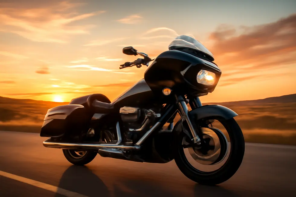 Harley-Davidson Road Glide motorcycle highlighted in motion on a highway with its fixed sharknose fairing under a golden sunset.