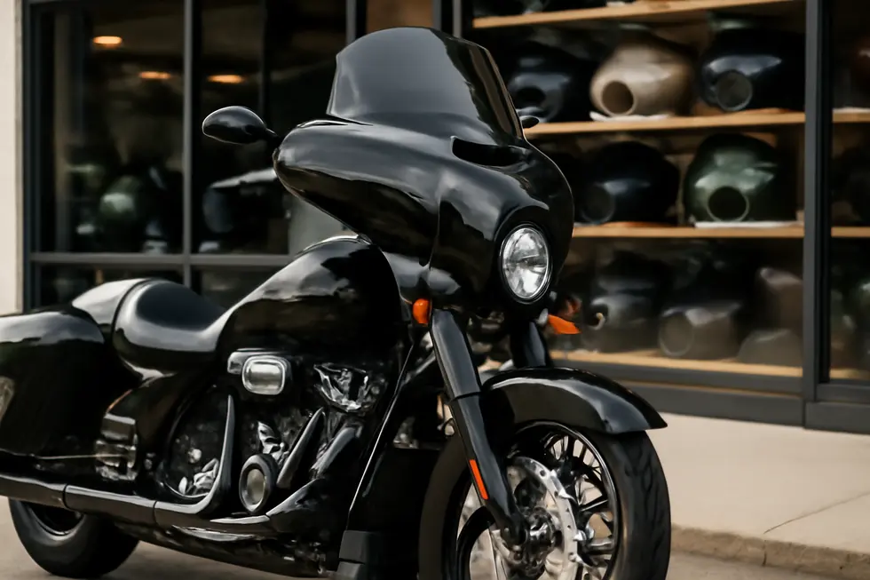 Harley Davidson motorcycle featuring a stylish custom fairing kit, with a motorcycle parts store in the background.