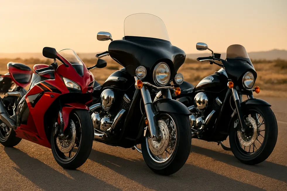 Three Honda motorcycles displaying sportbike ABS plastic fairings, a cruiser batwing fairing, and a custom Memphis Shades Bullet fairing on an open road.