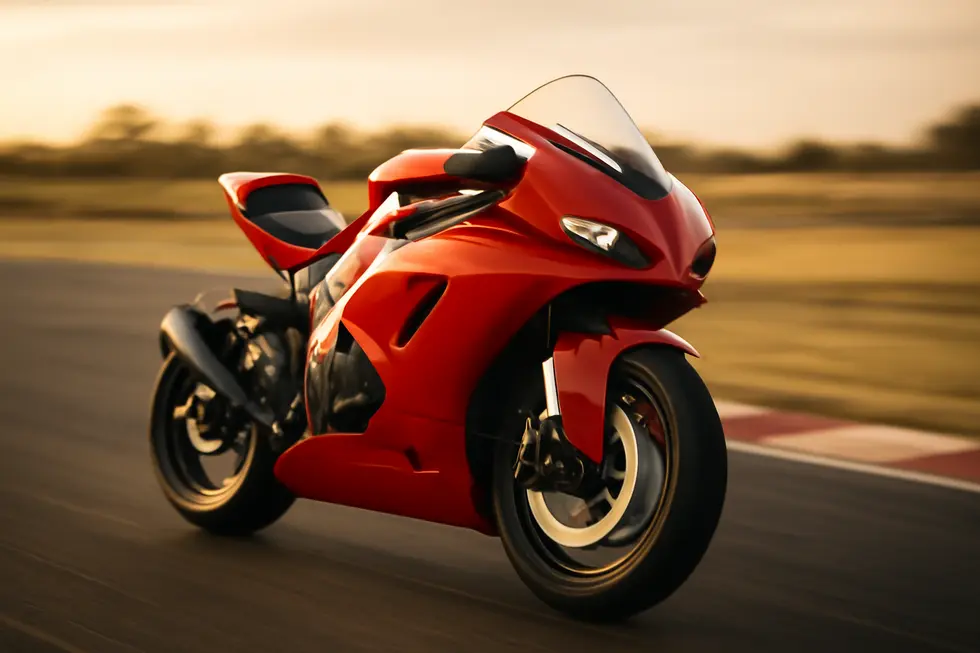A photo-realistic image of a sportbike with Hotbodies motorcycle fairings highlighting aerodynamic design on a racetrack during golden hour.