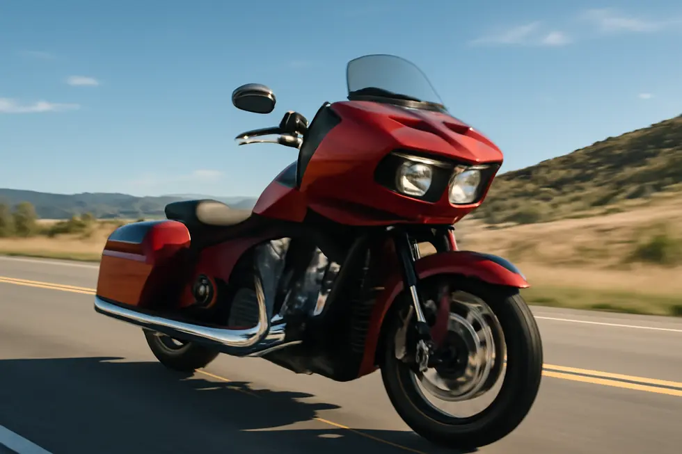 Indian Challenger motorcycle moving on highway, featuring bold fixed fairing under clear blue sky.