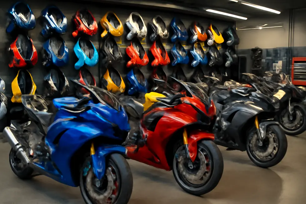 Photo-realistic image of a motorcycle shop displaying multiple sportbikes fitted with various individual fairings of different brands and colors.