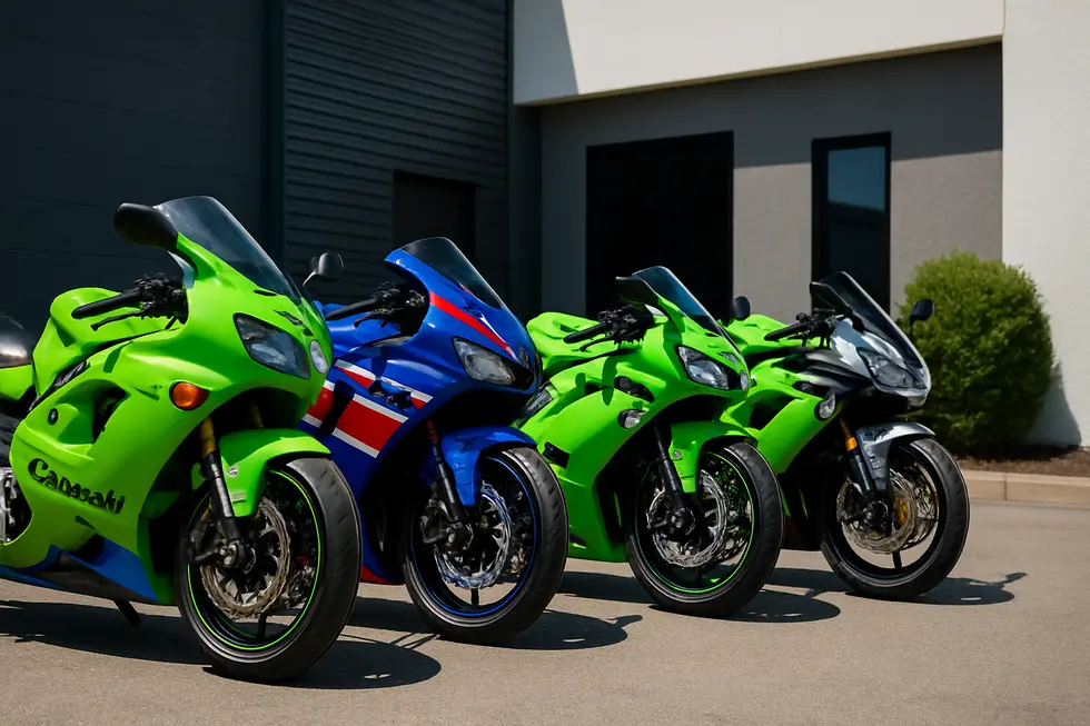 Multiple Kawasaki motorcycles outdoors displaying OEM and customized fairings of different models in daylight.