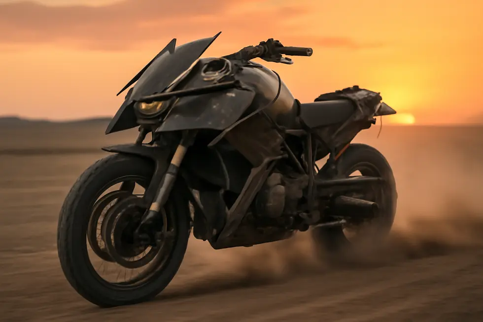 Photo-realistic motorcycle with angular carbon fiber Mad Max fairing driving across dusty desert at sunset.