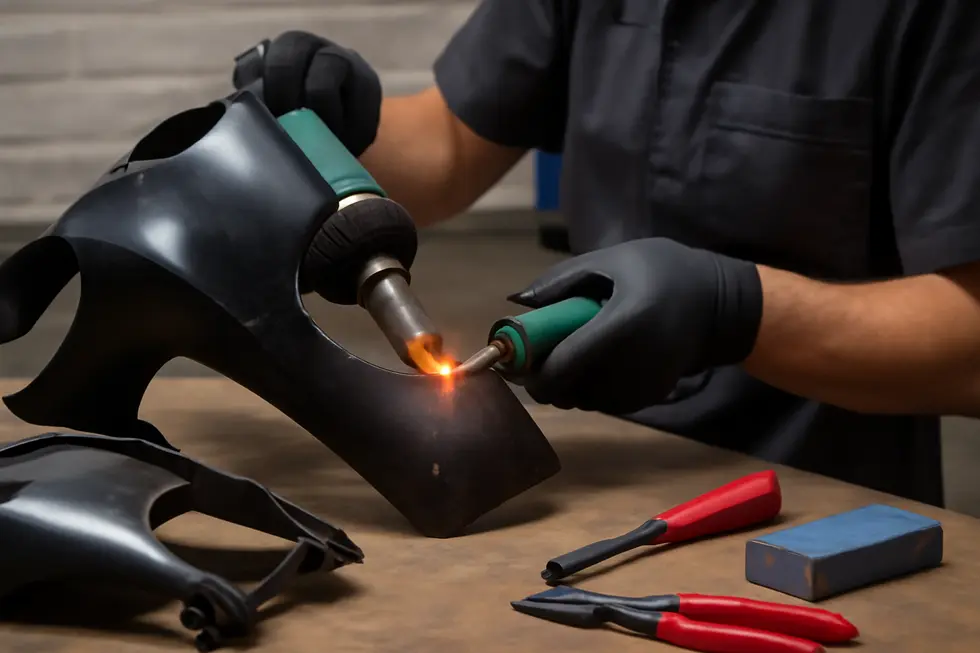 Professional technician using plastic welding equipment to repair a cracked ABS motorcycle fairing in a workshop.