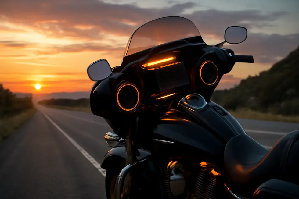 Touring motorcycle with visible compact amplifier and speakers integrated into fairings, set against a sunset backdrop.